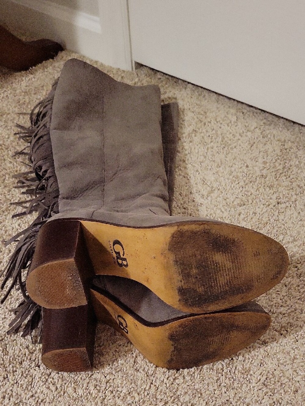 Gianni Bini Gray Fringe Knee-High Heeled Leather Boots - Picture 3 of 6